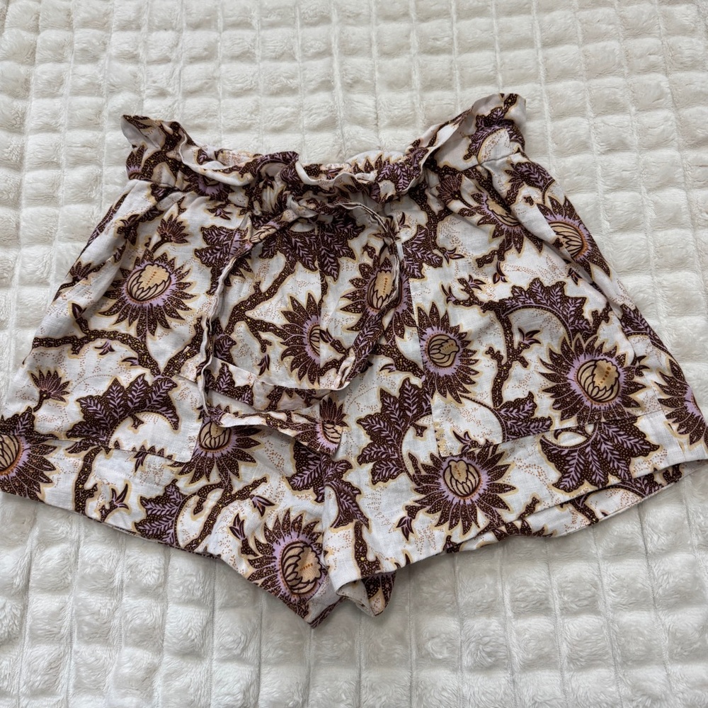 A.L.C. 0 Floral 100% Linen Paperbag Shorts ~ Tropical Beach Vacation ALC